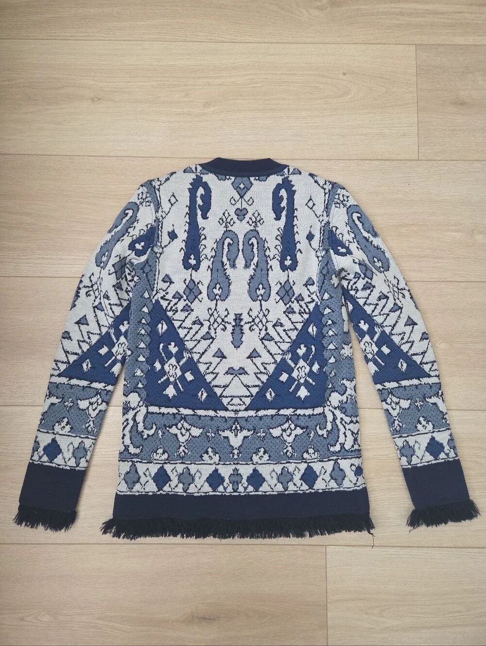 Tory Burch Malibu Blue Fringe Wool Lisbon Runway Sweater
